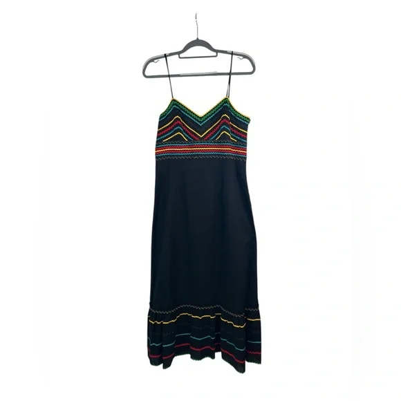 Spenser Jeremy Multicolor Zigzag Embroidered Black Midi Dress - Size 10 cotton - Picture 1 of 6
